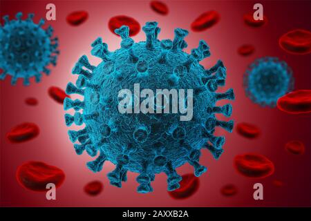 Éclosion De Coronavirus. Illustration de la nouvelle éclosion de coronavirus 2019-nCoV. COVID-19, nCoV. rendu tridimensionnel. Vue au microscope des virus et des globules rouges Banque D'Images