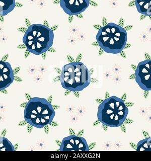 Motif Fleuri À Motif Marguerites Bleu Classique. Motif Fleuri Fleuri Naïf Sans Couture. Bleu Marine Sur Crème Beige Avec Feuille. Tiré À La Main Illustration de Vecteur