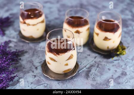 Tiramisu maison, dessert au mascarpone italien à couches aromatisées au café recouvert de cacao dans des verres Banque D'Images