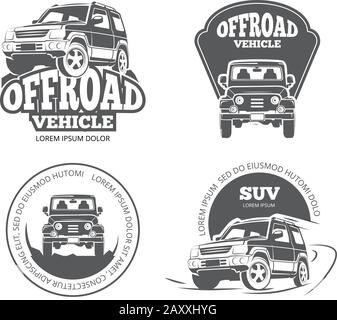 Les emblèmes, logos, badges et étiquettes rétro des vecteurs de ramassage SUV. illustration de l'étiquette du véhicule suv en mousse, du ramasseur auto suv, du véhicule utilitaire sport de transport Illustration de Vecteur