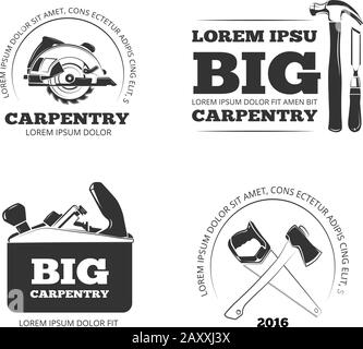 Menuiserie, étiquettes vectorielles d'atelier, logos, insignes et emblèmes avec outils de menuiserie. Charpenterie d'emblème, charpenterie de logo, illustration d'instrument de charpenterie Illustration de Vecteur