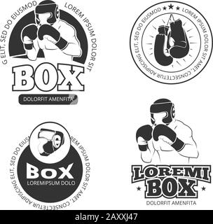 Jeu d'étiquettes rétro vectorielles de boxe. Boxe sportive, badge de boxe pour gants, illustration de boxe pour étiquettes Illustration de Vecteur