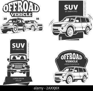 Badges vectoriels de voiture SUV et étiquettes d'afroad. Jeu de logos SUV pour voiture ou 4 emblèmes de transport Illustration de Vecteur