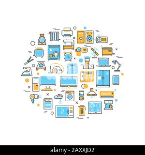 Les appareils électroniques domestiques affichent des icônes de ligne vectorielle dans la composition du cercle. Arrière-plan du concept de ligne fine pour les appareils ménagers Illustration de Vecteur
