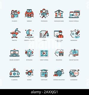 Enseignement à distance, didacticiels et cours en ligne, formation vidéo, formation du personnel, icônes vectorielles de bibliothèques numériques. Formation, formation technologique Illustration de Vecteur