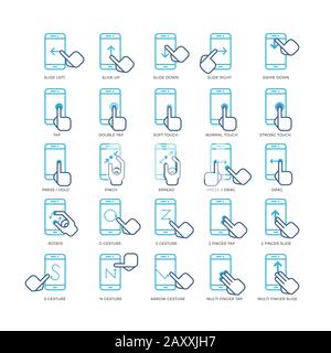 Les gestes de la main de l'écran tactile pour les smartphones définissent des icônes de contour. Icône de l'écran de gestuelle, smartphone à point de geste, appuyez sur illustration du geste Illustration de Vecteur