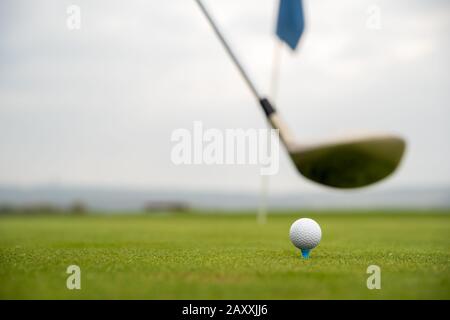 jeu de golf sur un parcours vert avec ballon et bâton Banque D'Images