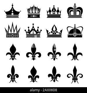 Couronne et fleur de lis, fleurs de lys icônes. Couronne royale design, fleur de lys et couronne médiévale Illustration de Vecteur