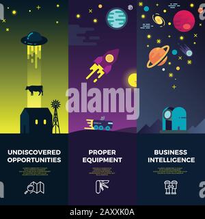 Bannières vectorielles spatiales avec icônes et planètes astronomiques et ovnis plates. OVNI science, fusée ovni, vaisseau spatial illustration ovni Illustration de Vecteur