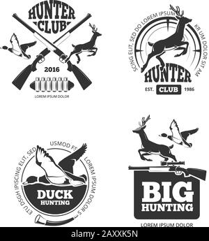 Etiquettes de chasse rétro vectorielles, emblèmes, logos, badges. Logotype de chasse, canard et cerf, passe-temps de chasse, illustration du sport de chasse Illustration de Vecteur