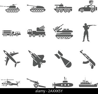 Armée, icônes vectorielles militaires définies. Arme militaire, fusée militaire, illustration du transport militaire Illustration de Vecteur