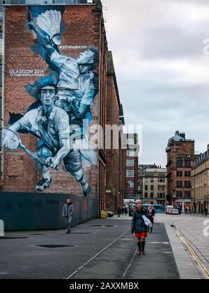 Guido van Helten murale de Kieran Merrilees, joueur écossais de badminton pour les Jeux du Commonwealth de 2014, Wilson Street, Glasgow, Ecosse, Royaume-Uni Banque D'Images