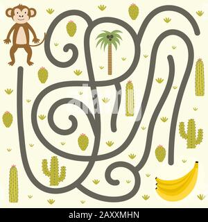 Jeu de labyrinthe de Safari pour les enfants. Aidez le singe à trouver le chemin vers les bananes Illustration de Vecteur