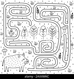 Jeu de labyrinthe noir et blanc pour les enfants. Aidez le sanglier à trouver le chemin vers la forêt Illustration de Vecteur