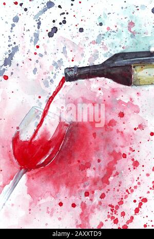 bouteille d'aquarelle en verre à vin rouge Banque D'Images