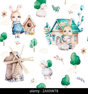 Mignons lapins en forêt. Motif sans coutures pour le printemps, illustration de dessin animé pour vêtements pour enfants. Style Woodland Watercolor. Image boho dessinée à la main pour Banque D'Images