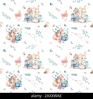 Mignons lapins en forêt. Motif sans coutures pour le printemps, illustration de dessin animé pour vêtements pour enfants. Style Woodland Watercolor. Image boho dessinée à la main pour Banque D'Images