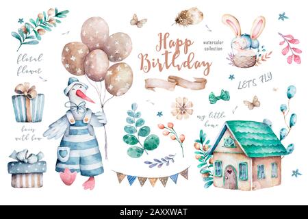 Mignon lapin et dessin animé d'oie avec des éléments de montgolfière et de pâques. Dessiner à la main une jolie illustration d'aquarelle pour le design. Style bohémien Banque D'Images
