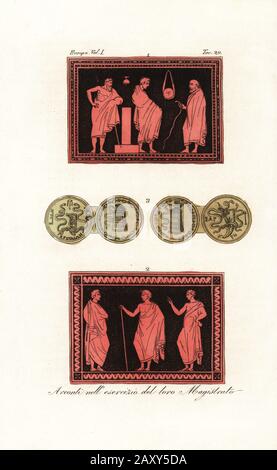 éponyme archon ou magistrat en chef examinant un jeune homme 1, et archon avec deux députés 2. Des vases grecs anciens. Artti nell'esercizio del loro Magistrato. Gravure en copperplate de couleur à la main des costumes de Giulio Ferrario anciens et Modernes des peuples du monde, il Costume Antico e Moderno, Florence, 1842. Banque D'Images