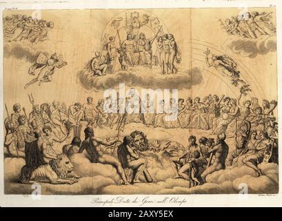 Principaux dieux grecs sur le Mont Olympus. Jupiter, Juno, Hebe, Ganymede, Les Grâces, Les Heures, Zodiac, Zephyr, Iris, Les Fates, Le Parcae, Nemesis, Cérès, Morpheus, Saturne, Proserpina, Pluton, Bacchus, Mars, Bellona, Cybele, Oceanus, Neptune, Hercules, Briemeus, Les Muses, Mosyne, Diana, Abunda, Violunda, Alunda, Violunda, Violunda, Violunda, Violunda, Violunda, Violunda, Violunda, Violunda, Violone Principauli Deita dei Greci nel’Olimpo. Gravure en copperplate de couleur à la main par Roberto Freschi des costumes de Giulio Ferrario ancien et Moderne des peuples du monde, il Costume Antico e Moderno, Florence, 1842. Banque D'Images