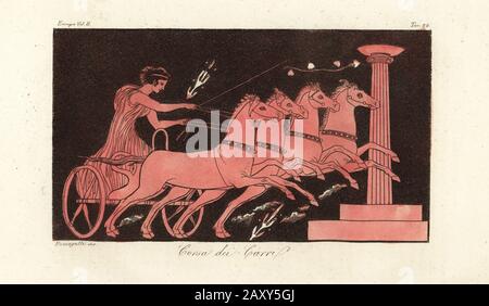 Course de char grec. Un homme fait un char à quatre chevaux ou un quadriga dans les Jeux. D'un vase dans la collection de Sir William Hamilton. Corsa dei Carri. Gravure en copperplate de couleur à la main par Fumagalli des costumes de Giulio Ferrario ancien et Moderne des peuples du monde, il Costume Antico e Moderno, Florence, 1826. Banque D'Images