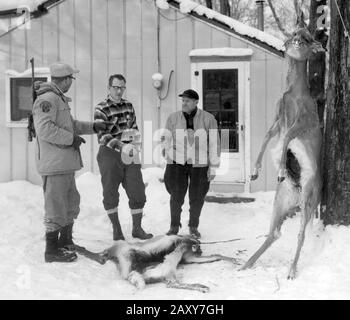 Les gars posent avec leur trophée cerf de Virginie dans le nord du Wisconsin, CA. 1950. Banque D'Images