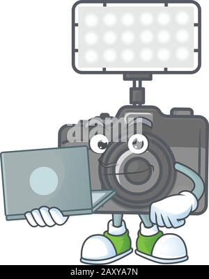 Un appareil photo intelligent avec icône de mascotte d'éclairage fonctionnant avec un ordinateur portable Illustration de Vecteur