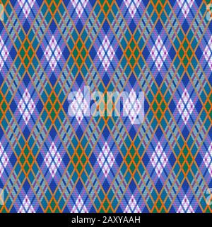 Motif d'illustration sans couture Rhomb détaillé sous forme de écossais, principalement dans des tons bleus avec des lignes violettes et orange Illustration de Vecteur