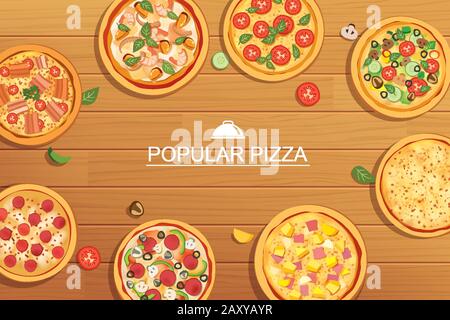 Pizza avec menu différent sur fond de bois. À utiliser pour la conception, l'affiche, la brochure, la bannière. Illustration de Vecteur