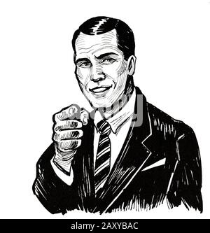 Businessman pointing at viewer. Dessin noir et blanc Encre Banque D'Images