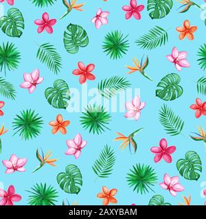 Feuilles de palmier vert aquarelle sur fond bleu. Orchid, Plumeria, Heliconia Fleurs. Modèle sans couture. Illustration à la main. Banque D'Images