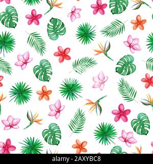 Feuilles de palmier vert aquarelle sur fond blanc. Orchid, Plumeria, Heliconia Fleurs. Modèle sans couture. Illustration à la main. Banque D'Images