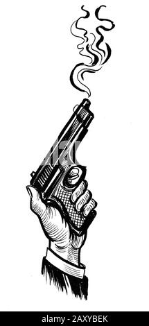 Main avec un pistolet à fumer. Encre dessin noir et blanc Banque D'Images