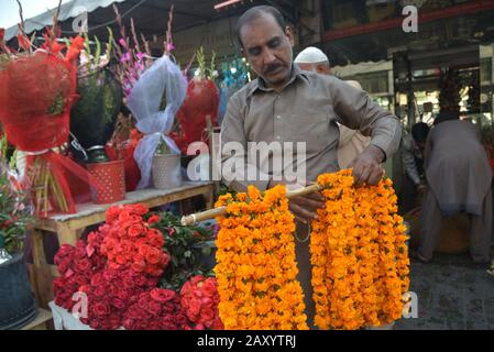 Lahore, Pakistan. 13 février 2020. Le vendeur de fleurs pakistanais affiche des roses fraîches et des guirlandes pour attirer les clients comme les demandes de fleurs élevées sur un grand marché de la liberté de vente entière de fleurs avant la Saint-Valentin, s Day à Lahore. La Saint-Valentin, également connue sous le nom de Saint-Valentin ou de Saint-Valentin, est célébrée le 14 février de chaque année. Elle est célébrée dans de nombreux pays du monde entier, bien que ce ne soit pas une fête publique. (Photo De Rana Sajid Hussain/Pacific Press) Crédit: Pacific Press Agency/Alay Live News Banque D'Images