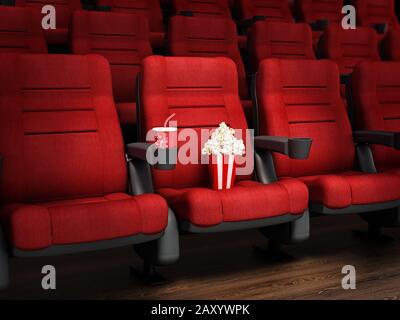 Chaise de cinéma rouge à pois avec pop-corn et soda. Illustration tridimensionnelle. Banque D'Images