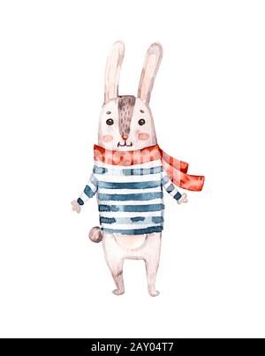 Illustration de pépinière aquarelle avec lapin bleu de lapin d'animal nautique. Affiche nautique. Illustration de mode. Motif illustration pour bébé. Bonjour l'été. Banque D'Images