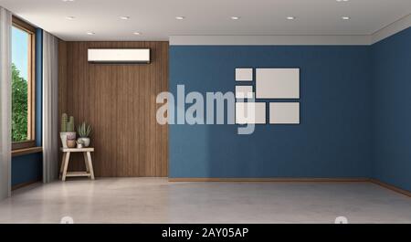 Chambre bleue vide avec climatiseur sur un panneau en bois - rendu tridimensionnel Banque D'Images