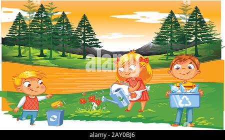 les enfants plantent un jardin d'arbres le soir Illustration de Vecteur