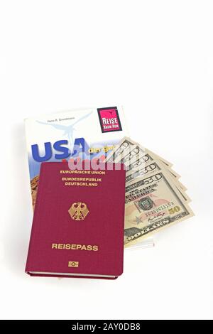 Guide de voyage États-Unis, sud-ouest, passeport République fédérale d'Allemagne, plusieurs billets de 50 dollars, symbole Picture Travel Planning USA Banque D'Images