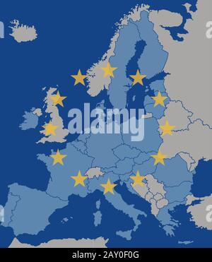 Carte de l'Europe avec les Etats membres de l'Union européenne à l'exclusion du Royaume-Uni avec des étoiles du drapeau de l'UE en haut Banque D'Images