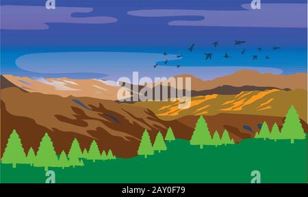 vue sur la montagne en début de matinée avec arbres et oiseaux Illustration de Vecteur