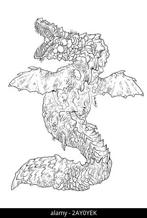 Page de coloriage du dragon sous-marin. Illustration du contour. Feuille de coloriage pour dessin Dragon. Banque D'Images