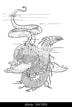 Page de coloriage du dragon sous-marin. Illustration du contour. Feuille de coloriage pour dessin Dragon. Banque D'Images