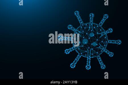 Virus à faible teneur en poly, Bactérie ou microbe image vectorielle polygonale de maillage filaire à partir de points et de lignes sur fond bleu foncé Illustration de Vecteur