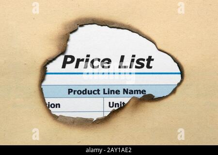Liste de prix sur le trou de papier Banque D'Images