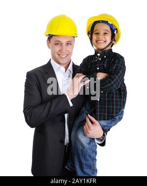 Père et fils jouant en tant qu'architectes Banque D'Images