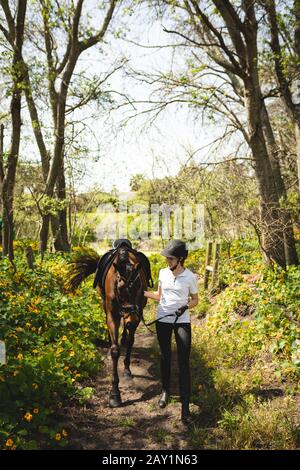 Femme caucasienne marchant avec son cheval Banque D'Images