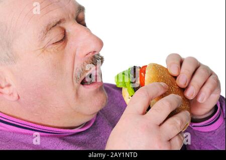 Vieil homme avec un hamburger à la moustache Banque D'Images