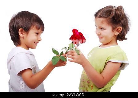 Scène très mignonne de deux petits enfants avec rose Banque D'Images