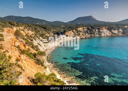 La plage de Cala d'Hort, Ibiza, Baléares, Espagne Banque D'Images